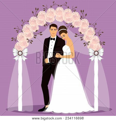 Wedding Arch With Bride And Groom. Bride And Groom. Wedding Design. Wedding Decoration. Vector Illus