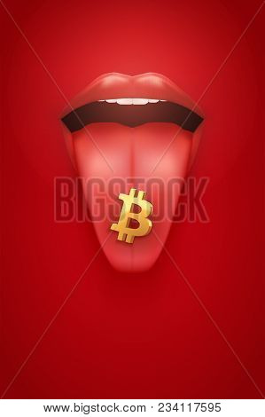 Poster Of Bitcoin Cryptocurrency. Woman Red Lips And Tongue With Bitcoin. Concept Of Blockchain And 