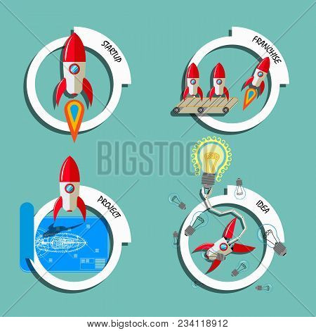 Rocket Business Flat Art Style Vector Set. Stock Illustration Of Start-up, Franchise, Project, Idea.