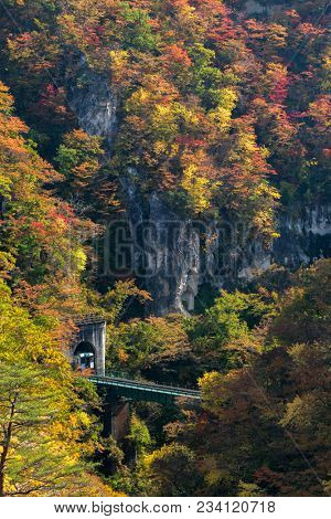Naruko Gorge valley with train railroad tunnel in Miyagi Tohoku Japan