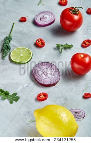 Seamless Pattern With Lemon, Onion, Tomatoes, Lime And Dill On White Background, Top View, Close-up,