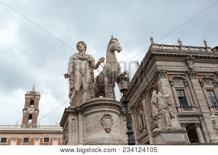 Statue Of Castor At The Cordonata Stairs To The Piazza Del Campidoglio Square At The Capitoline Hill