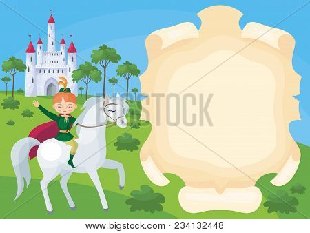 Colorful Background With A Picture Of A Parchment Scroll, Fairytale Castle And Prince. Vector Illust