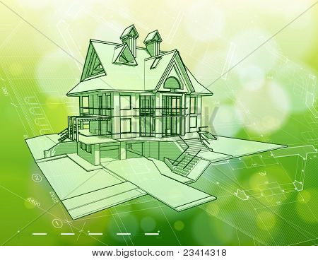 Design architettura ecologia: casa, piani di & verde sfondo bokeh. Bitmap copiare mio vector ID 7738552
