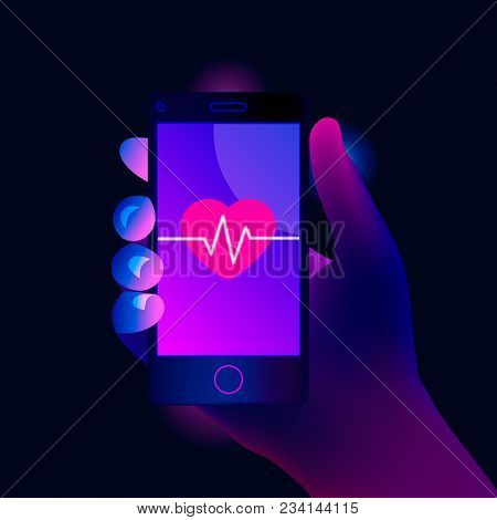 Fitness App Concept On Touchscreen. Mobile Phone Screen With Heart And Cardiac Pulsation. Trendy Sty