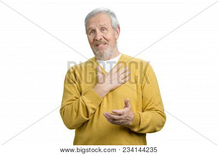 Old Grandpa, Touching Frank Speech. Speaking Heartily. White Isolated Background.