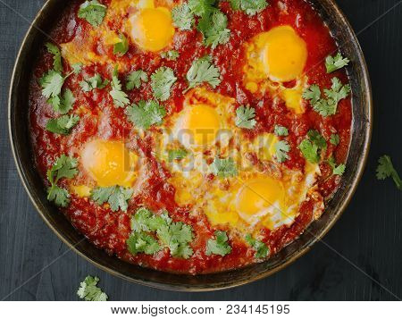 Close Up Of Rustic Middle Eastern Shakshuka Breakfast