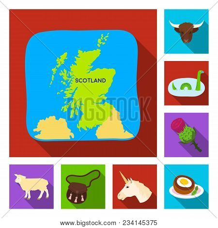 Country Scotland Flat Icons In Set Collection For Design. Sightseeing, Culture And Tradition Vector 