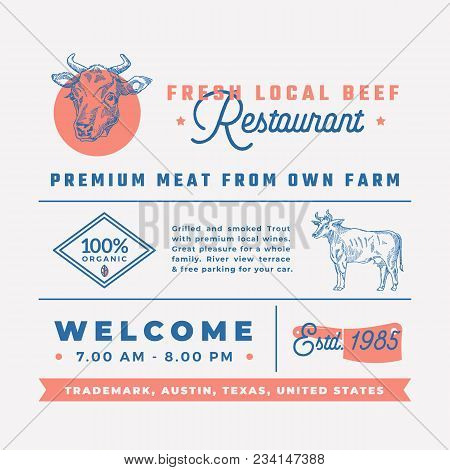 Fresh Local Beef Restaurant Signs, Titles, Inscriptions And Menu Decoration Elements Set. Premium Qu