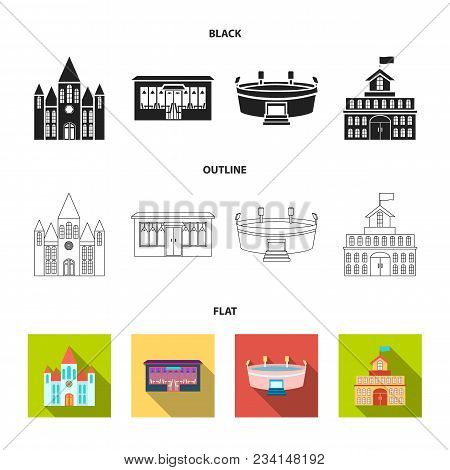 House Of Government, Stadium, Cafe, Church.building Set Collection Icons In Black, Flat, Outline Sty