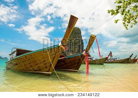 Long Tail Boat On Tropical Railay Beach, Aonang, Krabi, Thailand