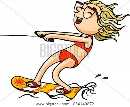 Cute Cartoon Wakeboard Girl In Swimsuit Doing Wakeboarding. Vector Isolated Hand Drawn Character.