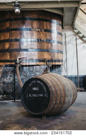 Brora, Scotland - March 22, 2018: Barrels Of Clynelish Whiskey Inside Brora Distillery, Scotland. Th