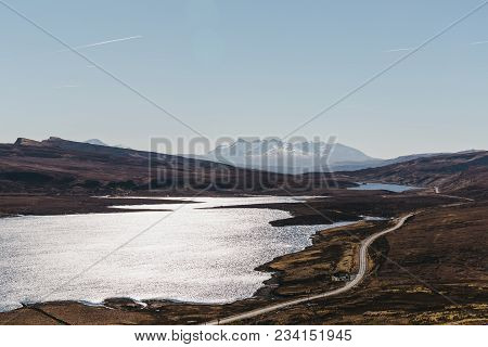 View Of The Loch Leathan And The Road From Old Man Of Storr Trek, Isle Of Skye, Scotland, Snowcapped