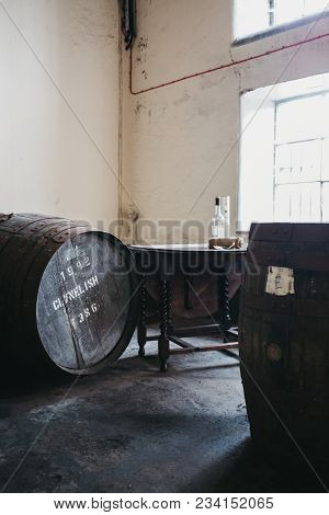Brora, Scotland - March 22, 2018: Barrel Of Clynelish Whiskey Inside Brora Distillery, Scotland. The
