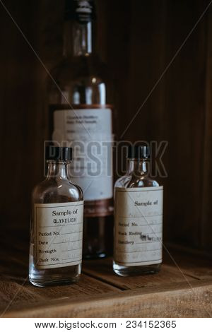 Brora, Scotland - March 22, 2018: Samples Of Clynelish Whiskey Inside Brora Distillery, Scotland. Th