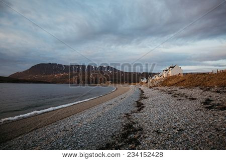 View Of Ardmair Beach, Scotland, At Dusk.