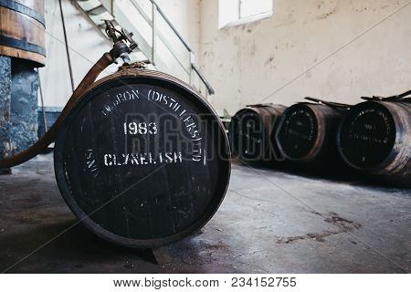 Brora, Scotland - March 22, 2018: Barrels Of Clynelish Whiskey Inside Brora Distillery, Scotland. Th
