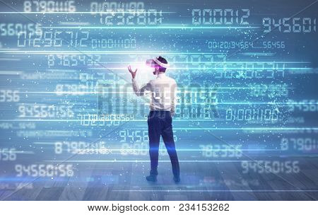 Businessman in vr glasses with variable fast changing numbers around