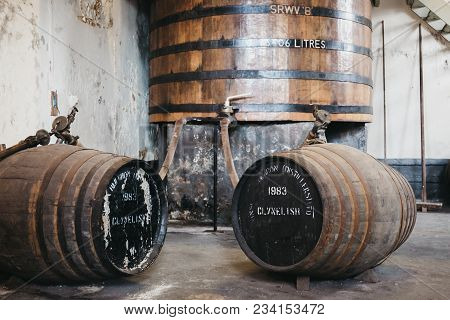Brora, Scotland - March 22, 2018: Barrels Of Clynelish Whiskey Inside Brora Distillery, Scotland. Th