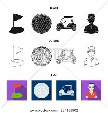 Field With A Hole And A Flag, A Golf Ball, A Golfer, An Electric Golf Cart.golf Club Set Collection 