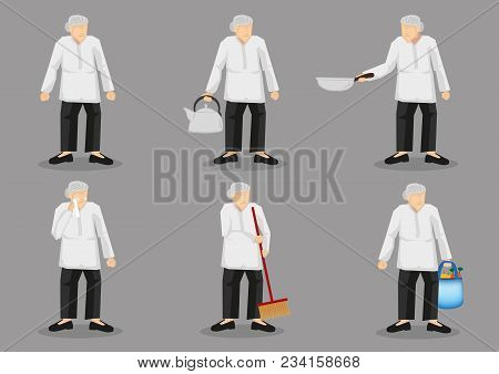 Set Of Six Vector Illustrations Of Old Lady Wearing Loose Clothing And Pants Holding Different House