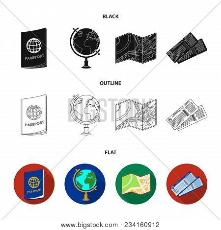 Vacation, Travel, Passport, Globe .rest And Travel Set Collection Icons In Black, Flat, Outline Styl