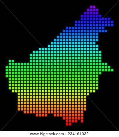 A Dot Borneo Island Map. Vector Geographic Map In Bright Spectrum Colors On A Black Background. Colo