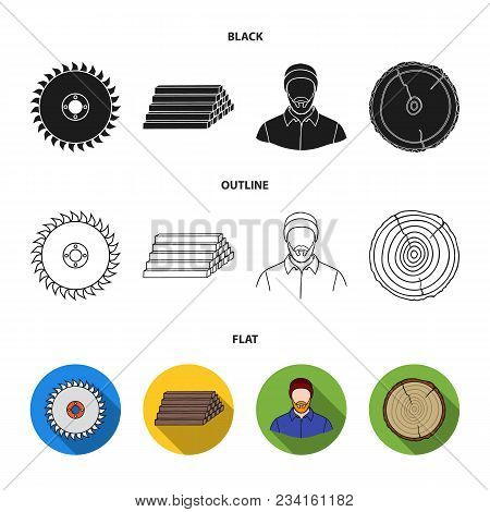 Circular Saw, A Working Carpenter, A Stack Of Logs. A Sawmill And Timber Set Collection Icons In Bla