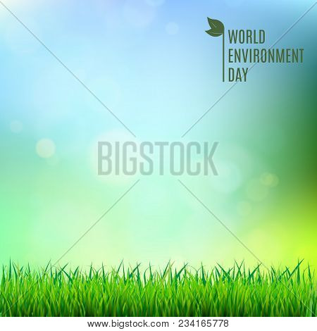 World Environment Day Logo With Green Leaves. Blured Nature Background With Grass Border. Vector Ill
