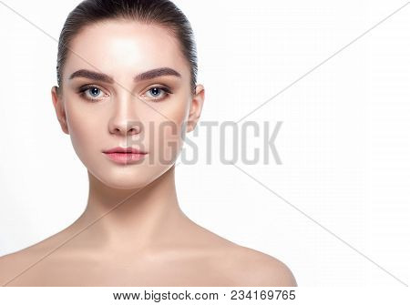 Beautiful Woman Face With Fresh Makeup, Beauty Healthy Skin And Wide Eyebrows.
