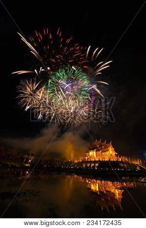 Fireworks Celebrate The New Year 2018 At Rajapruek Royal Park, Chiang Mai With Beutiful Light Of Hor