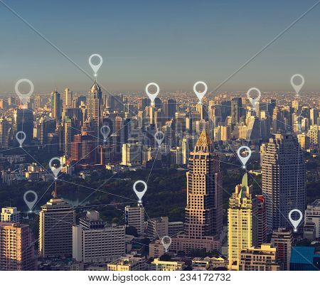 Map Pin Flat Of Smart City, Global Business And Network Connection Concept, Bangkok, Thailand