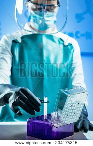 Biobanking. Technician Preparing Biological Sample For Deep Freezing