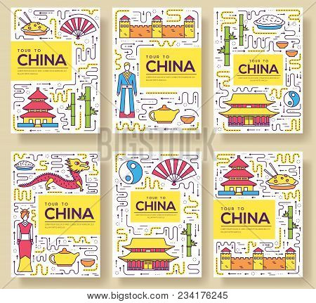 China Vector Brochure Cards Thin Line Set. Country Travel Template Of Flyear, Magazines, Posters, Bo