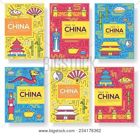China Vector Brochure Cards Thin Line Set. Country Travel Template Of Flyear, Magazines, Posters, Bo
