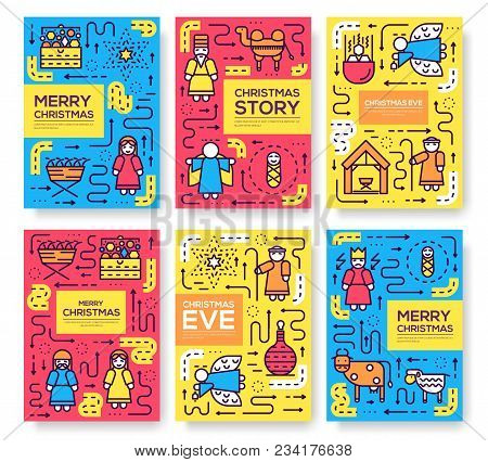 Merry Christmas  Vector Brochure Cards Set. Birth Of Christ Template Of Flyear, Magazines, Posters, 