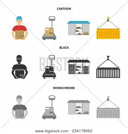 Courier, Scales, Container, Warehouse.logistic, Set Collection Icons In Cartoon, Black, Monochrome S