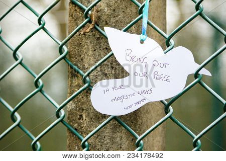 Aldermaston, United Kingdom, 1st April 2018:- Messages Left On The Fence Outside The Main Gate To Th