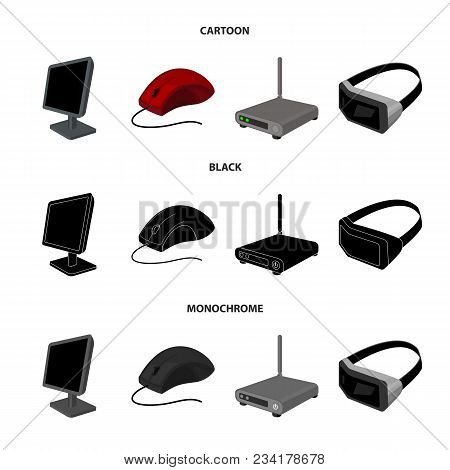 Monitor, Mouse And Other Equipment. Personal Computer Set Collection Icons In Cartoon, Black, Monoch