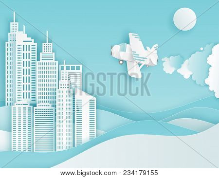 Modern Paper Art Clouds, Airplane, Sun And City Skycrapers. Cute Cartoon Fluffy Clouds And Waves. Pa