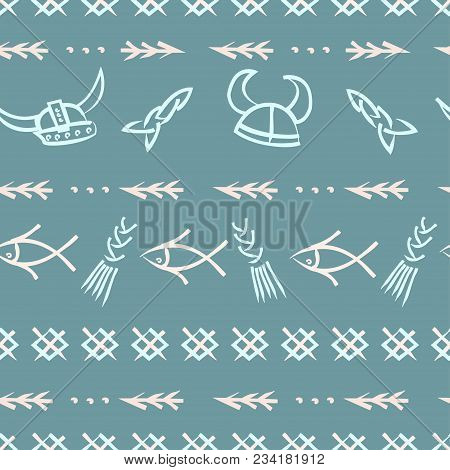 Cute Hand Drawn Seamless Pattern In Retro Scandinavian Viking Kids Style Ornamemt, Cool Baby Print. 