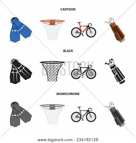 Flippers For Swimming, Basketball Basket, Net, Racing Holograph, Golf Bag. Sport Set Collection Icon