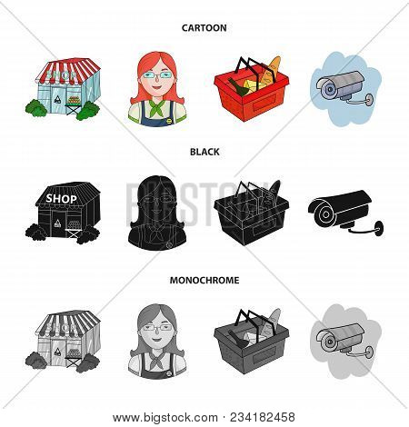 Salesman, Woman, Basket, Plastic .supermarket Set Collection Icons In Cartoon, Black, Monochrome Sty