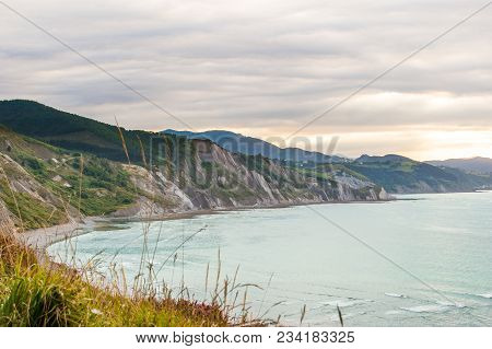 A View To Coastine Of Zumaia, Spain From A Summer Meadow With Summer Plants And Flowers.