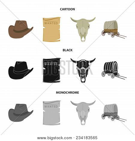 Cowboy Hat, Is Searched, Cart, Bull Skull. Wild West Set Collection Icons In Cartoon, Black, Monochr