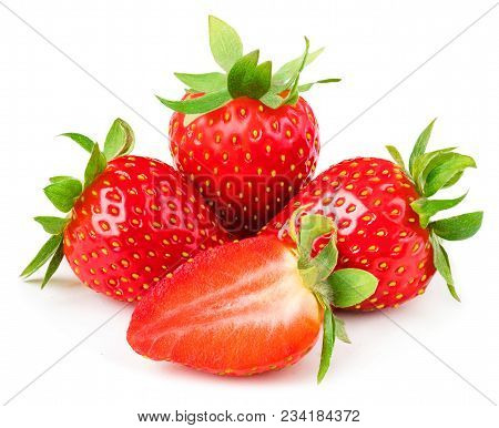 Strawberry Isolated On White Background. Red Ripe Strawberry With Sliced Half And Leaves, Macro