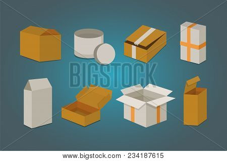 Set Open And Closed Carton Box. Delivery Packaging Vector Illustration