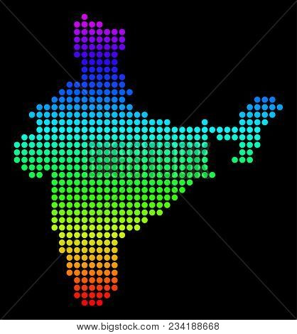 Spectrum Dotted Pixel India Map. Vector Geographic Map In Bright Colors On A Black Background. Color