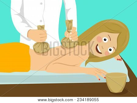 Young Hapy Woman Having Hot Back Poultice Massage In The Spa Salon
